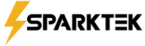 Logo, joka esittää keltaista salamaa ja SPARKTEK mustin kirjaimin. Sähköurakointi ja sähköasennukset Uusimaa, Sparktek Oy. Salamalogo, symboli, ikoni, virta, sähköinen, electricity, PNG, vektori, vaaka, RGB, ilman taustaa.
